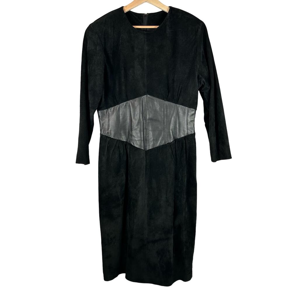 Carolyne Barton Long Sleeve Black Suede and Leather Dress Womens Size 14